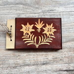 Hand Carved Wood Notepad Holder Tea Stained Paper Rustic Floral Folk Art Vintage